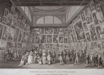 Veduta interna di Somerset House con Re Giorgio III, Regina Carlotta e la famiglia reale che visitano una mostra della Royal Academy of Arts nel 1788
